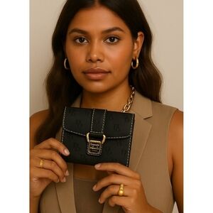 Dooney & Bourke 1975 Collection Canvas Logo Small Compact Wallet Black Silver